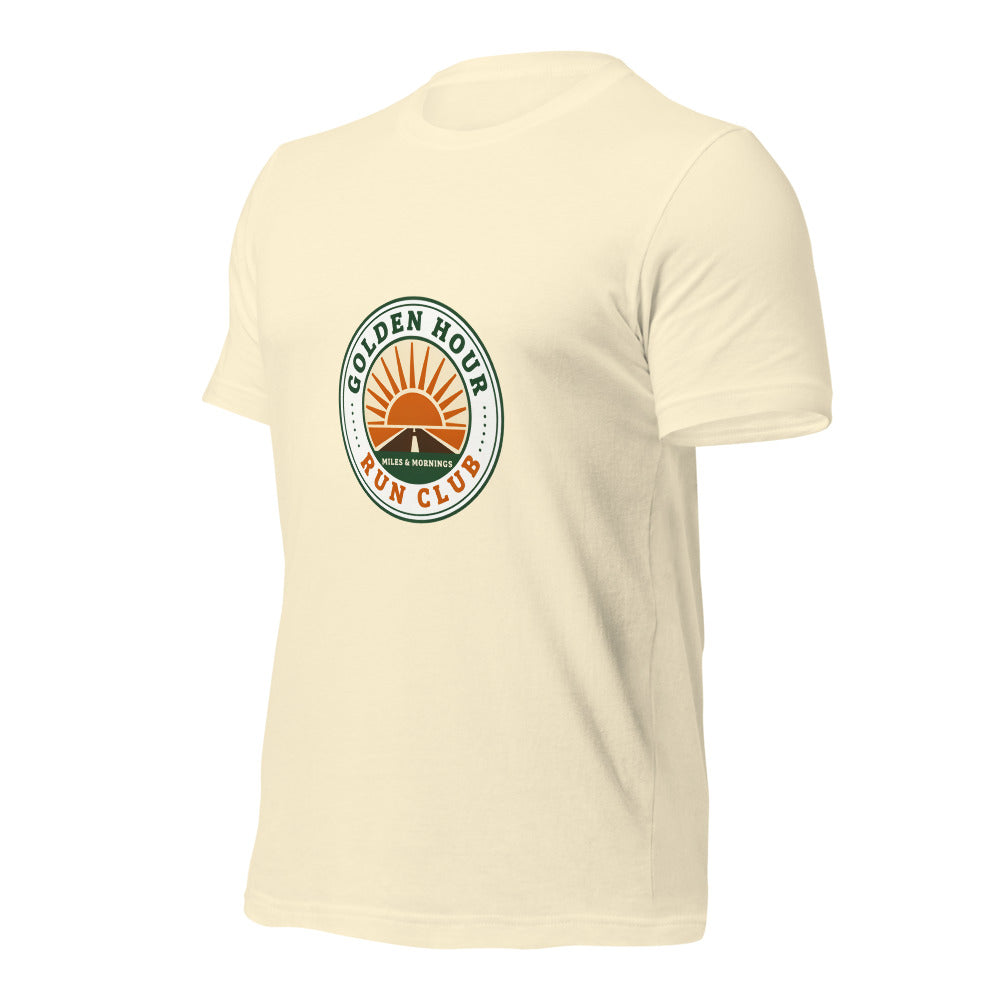 Golden Hour Run Club retro running tee — Natural, front-right