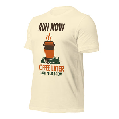Run Now Coffee Later funny running tee — Natural, front-right