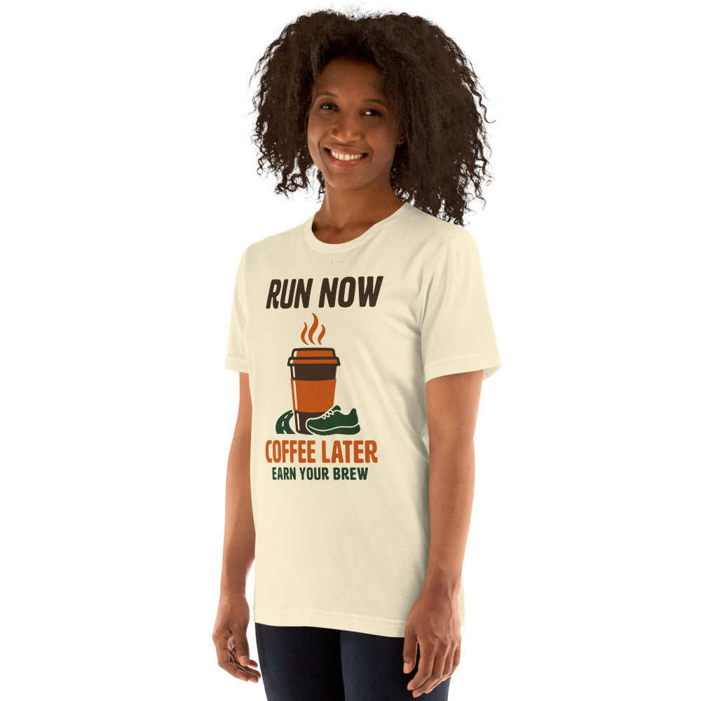Run Now Coffee Later funny running tee — Natural, on model