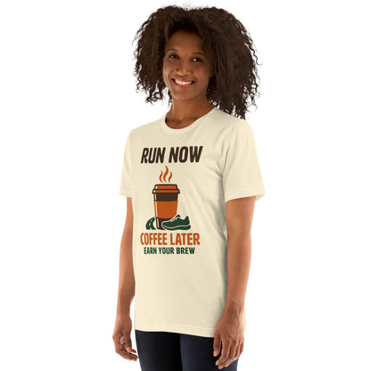 Run Now Coffee Later funny running tee — Natural, on model