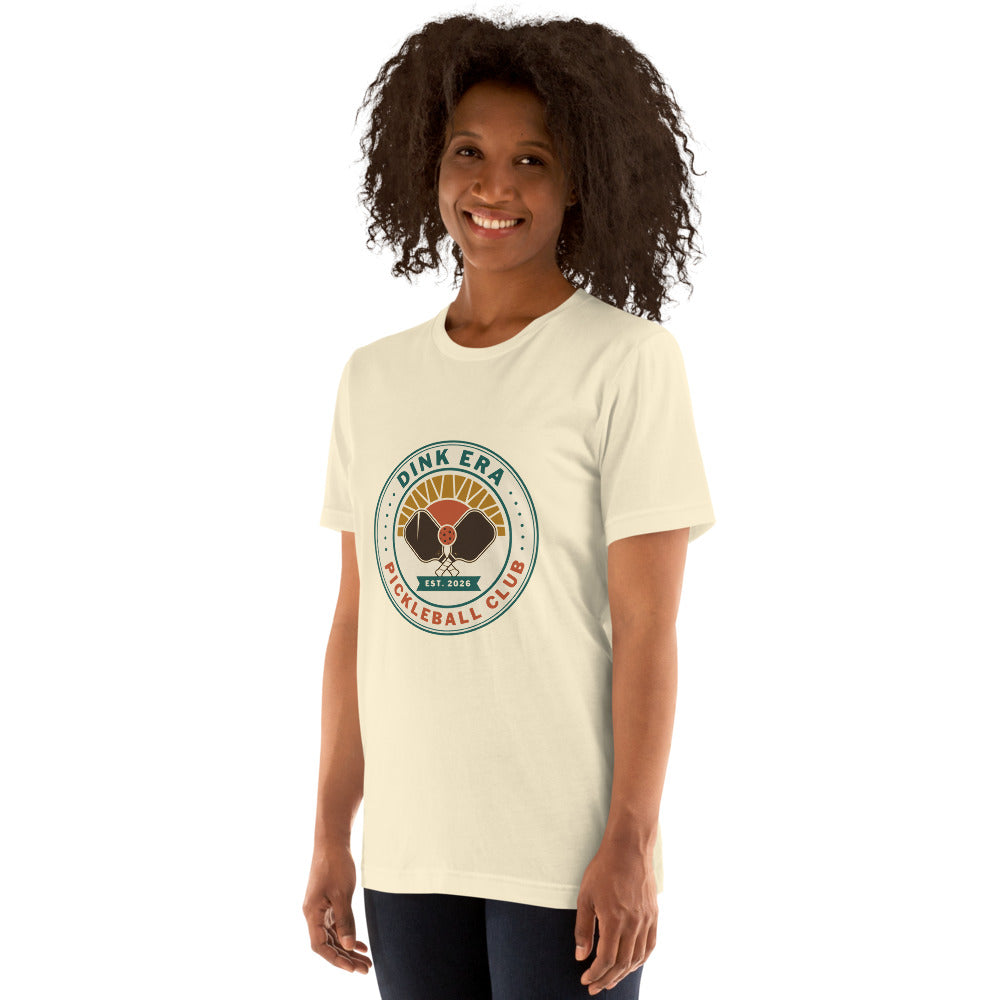 Dink Era Pickleball Club retro tee — Natural, on model