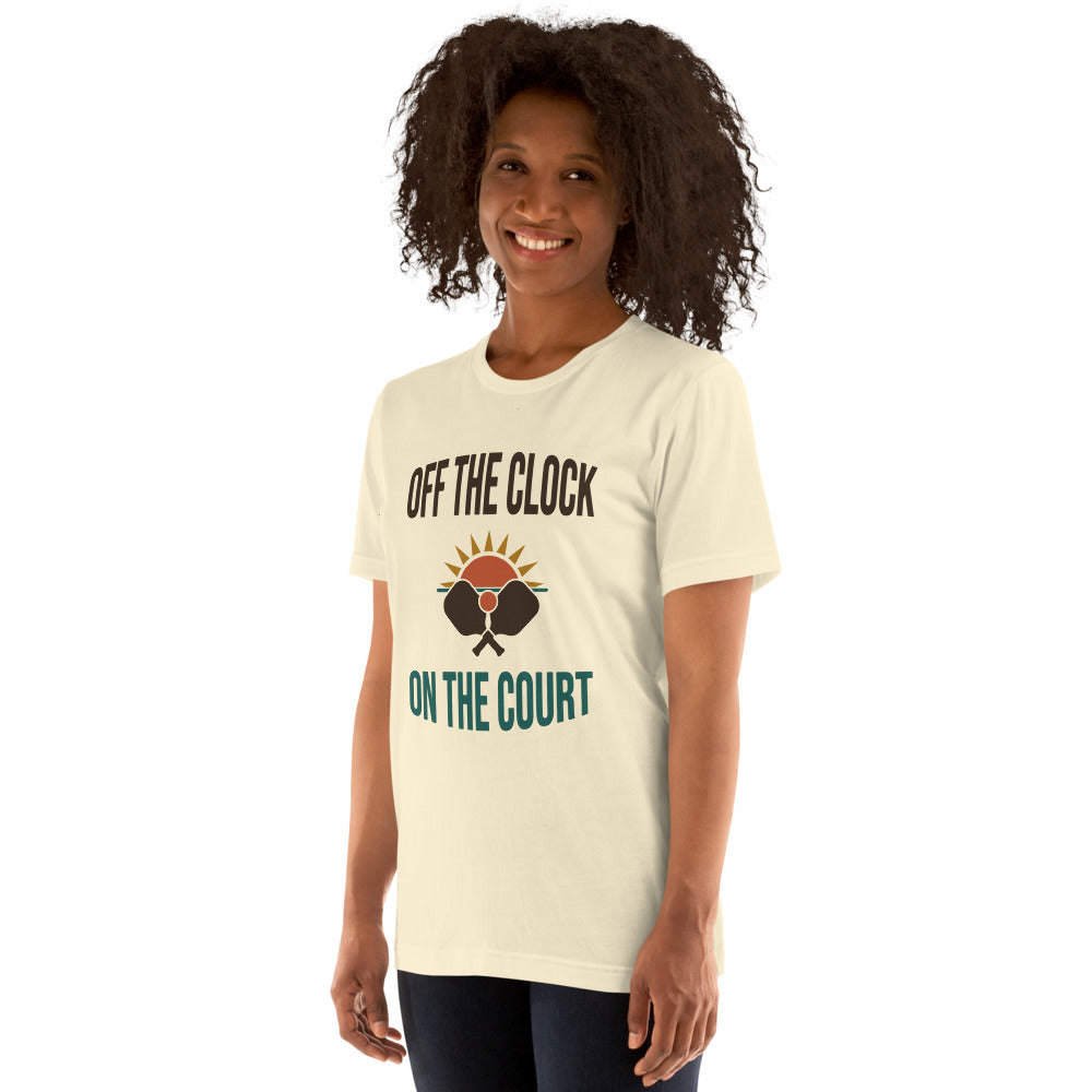 model wearing Off The Clock On The Court retro pickleball tee — Natural