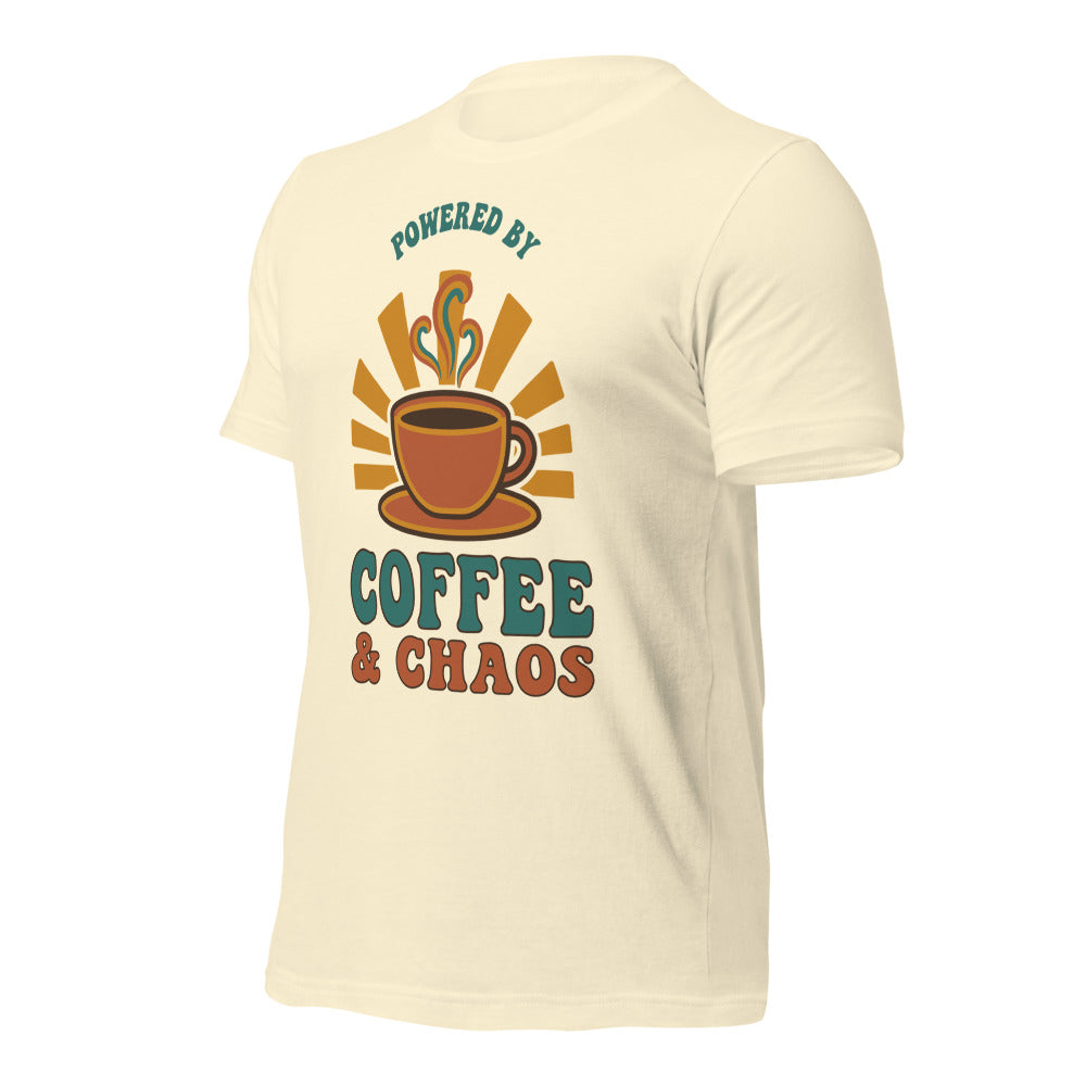 Powered By Coffee And Chaos retro groovy teacher tee — Natural, front right angle