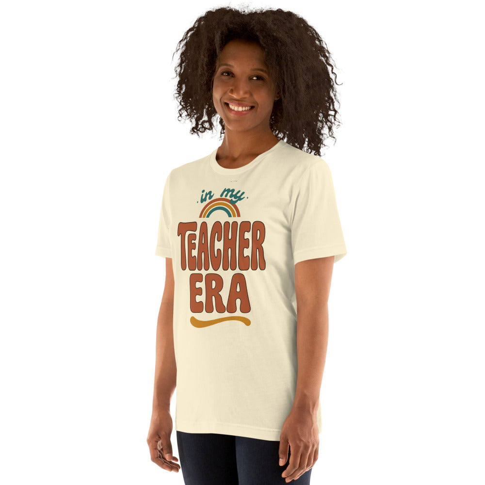 In My Teacher Era retro groovy teacher tee — Natural, on model