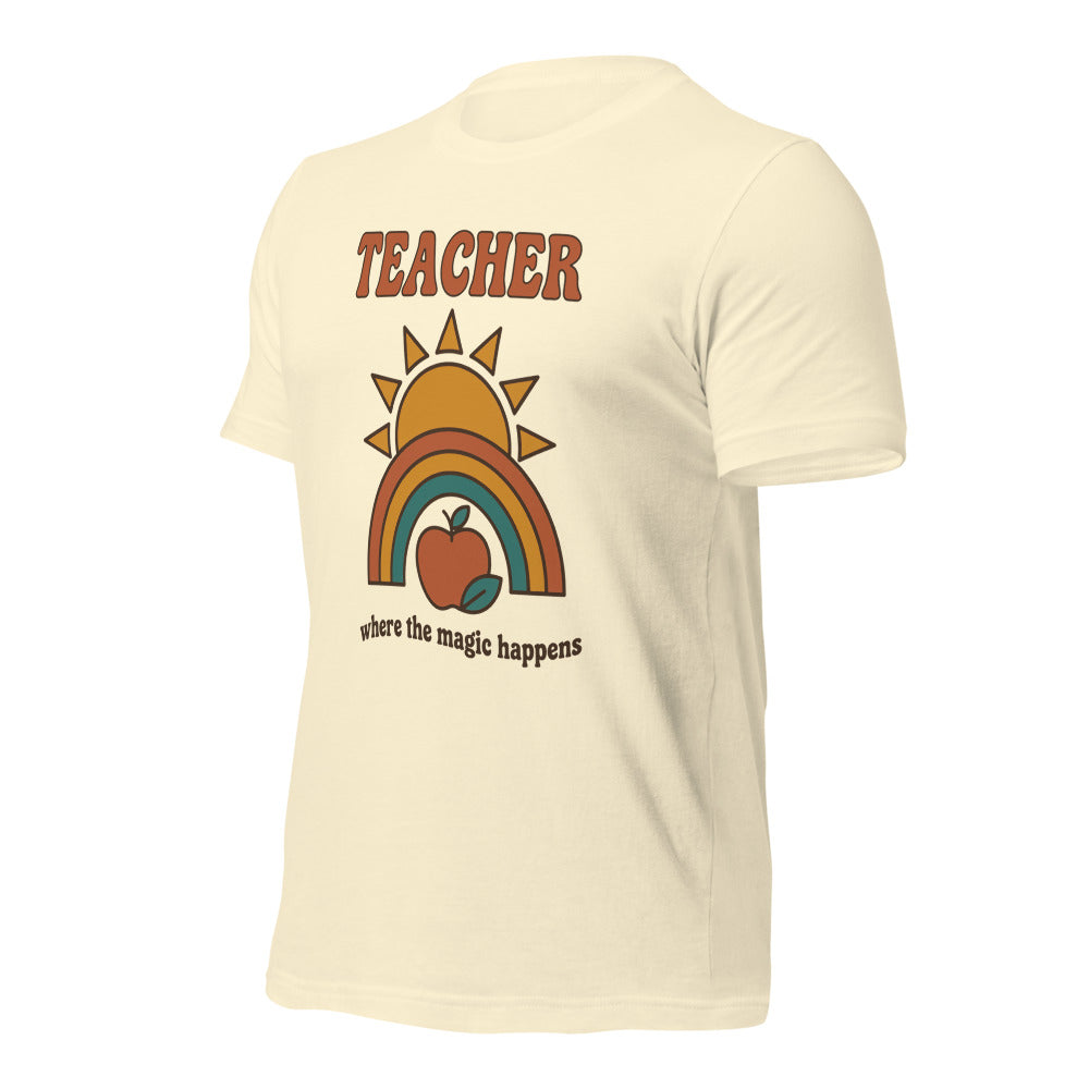 Teacher Where The Magic Happens retro groovy teacher tee — Natural, front angle
