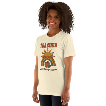 Teacher Where The Magic Happens retro groovy teacher tee — Natural, on model