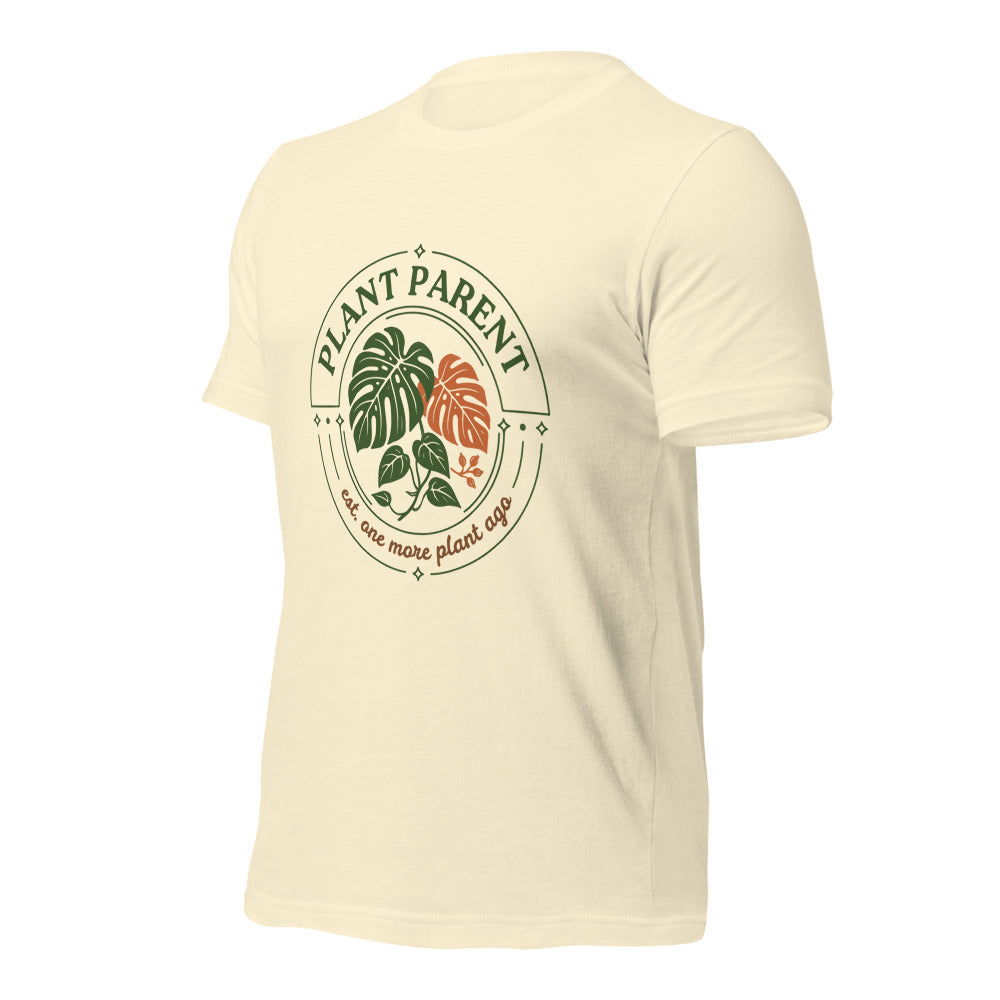 Plant Parent retro botanical badge tee — Natural, front right