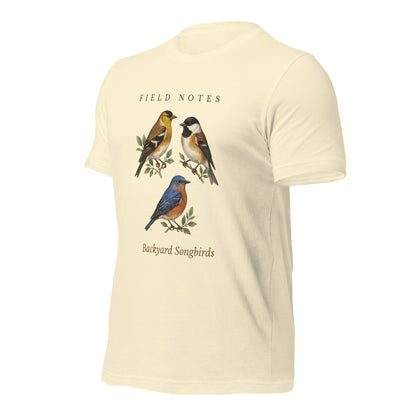 Backyard Songbirds vintage field-guide tee — Natural, front-right