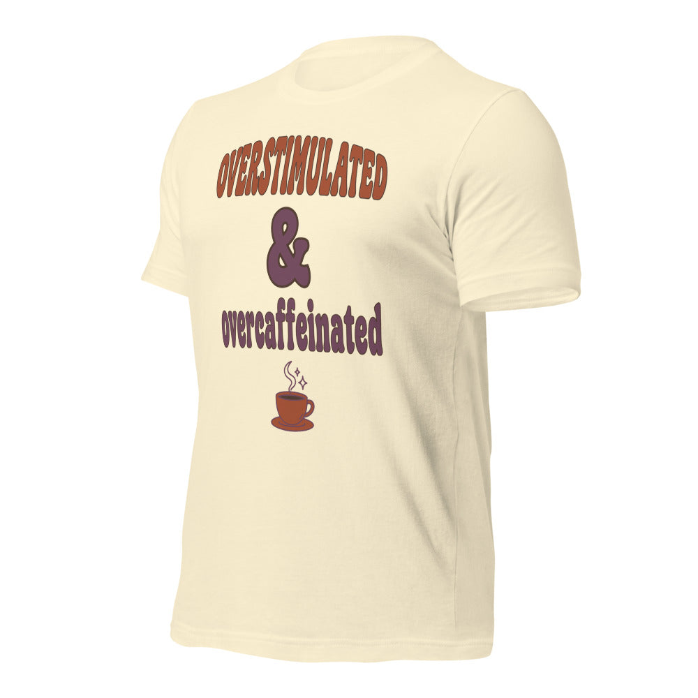 Overstimulated & Overcaffeinated soft retro coffee mental health tee — Natural, front-right