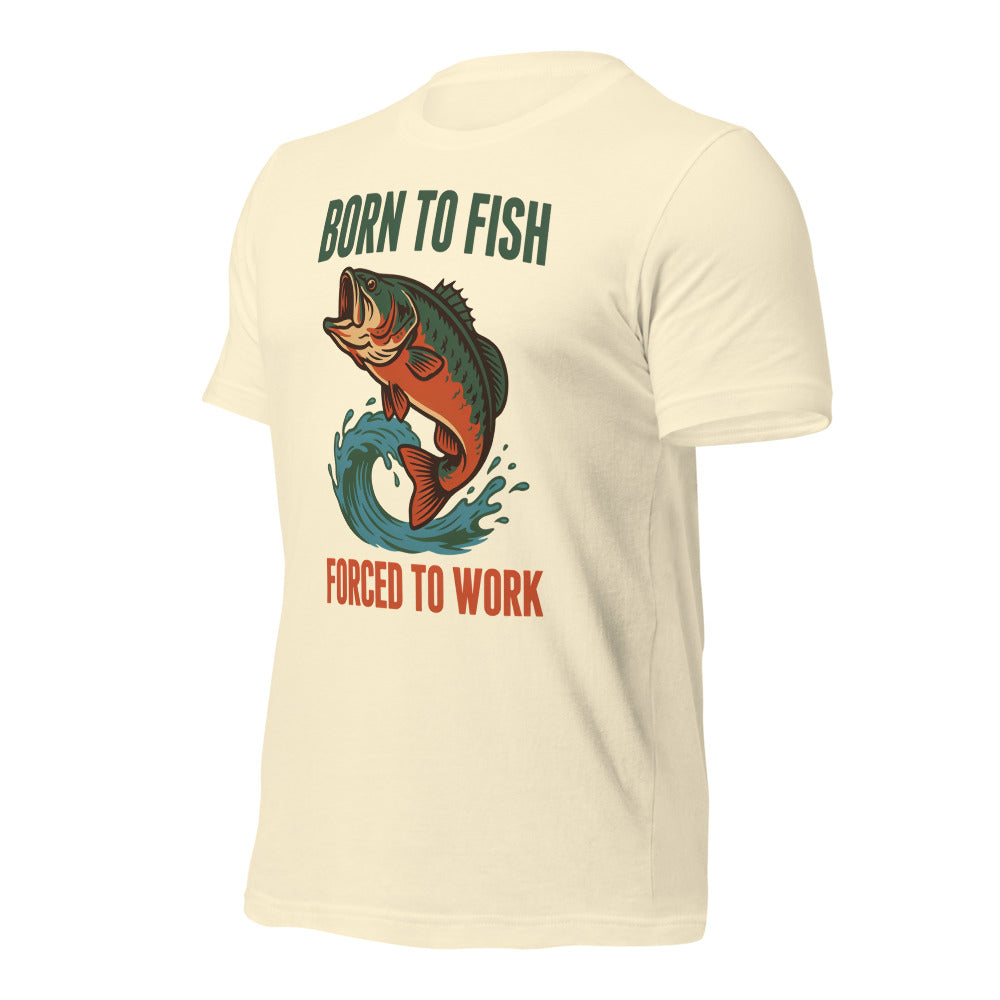 Born to Fish Forced to Work retro fishing humor tee — Natural, front-right