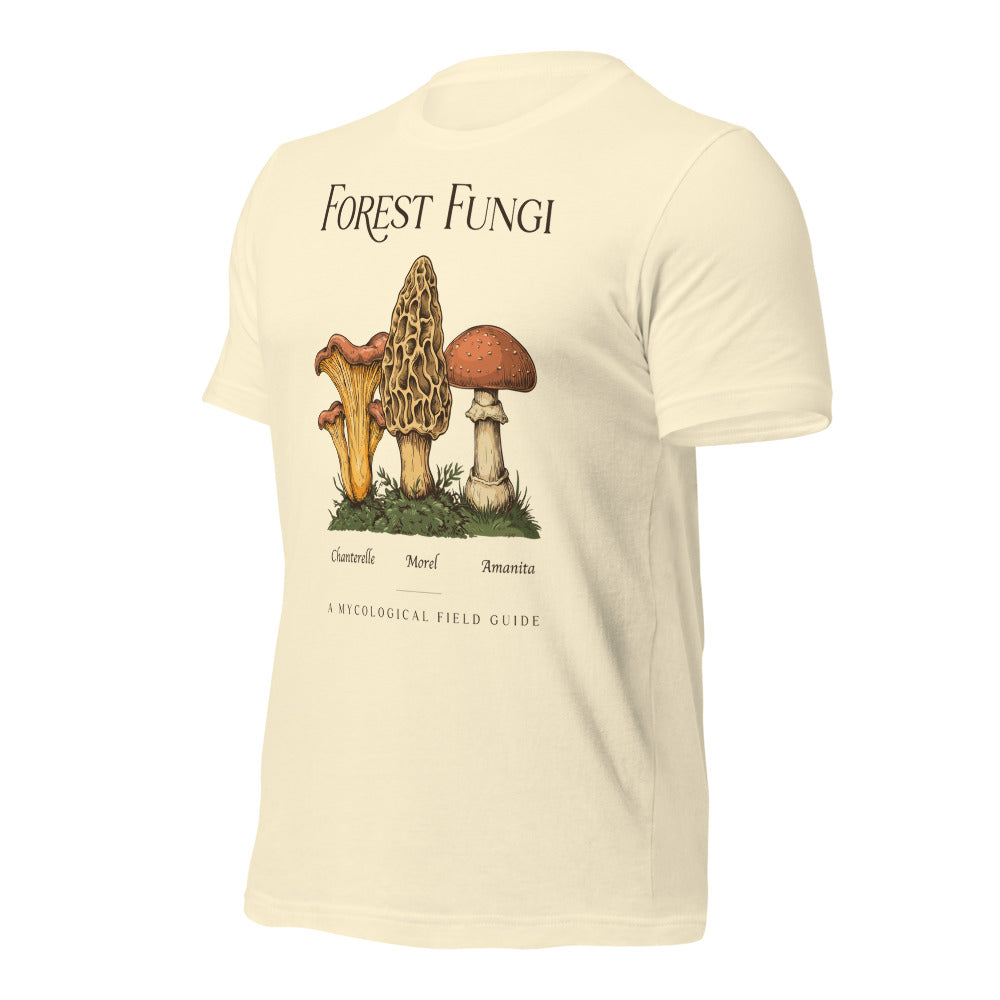 Forest Fungi vintage mushroom field guide tee — Natural, front-right