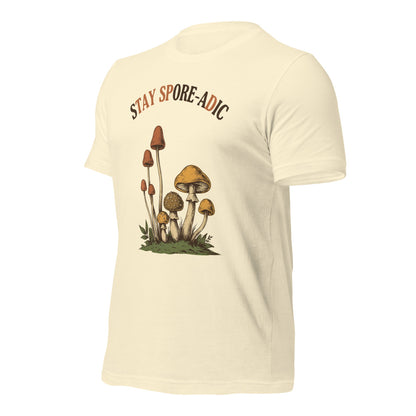 Stay Spore-adic funny vintage mushroom tee — Natural, front-right
