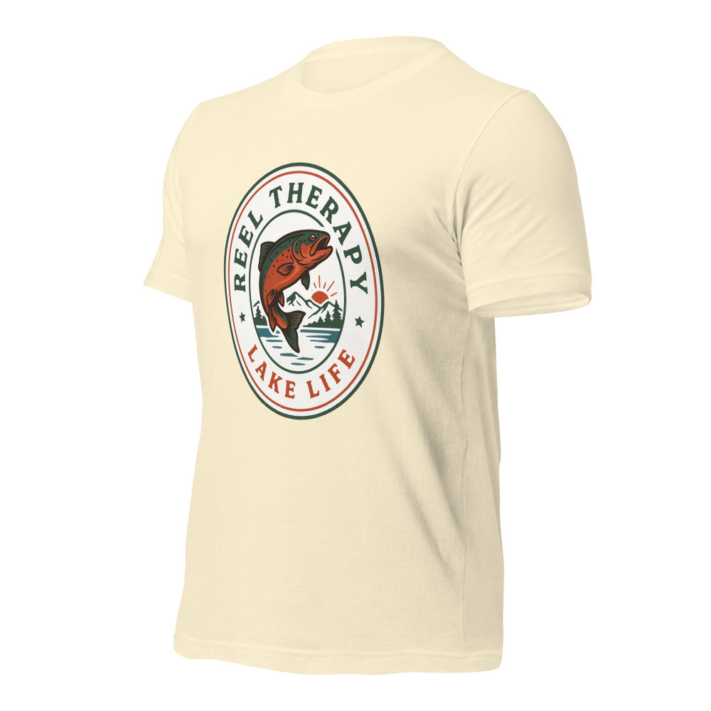 Reel Therapy retro national-park trout badge fishing tee — Natural, front-right