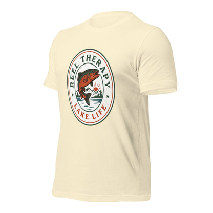 Reel Therapy retro national-park trout badge fishing tee — Natural, front-right