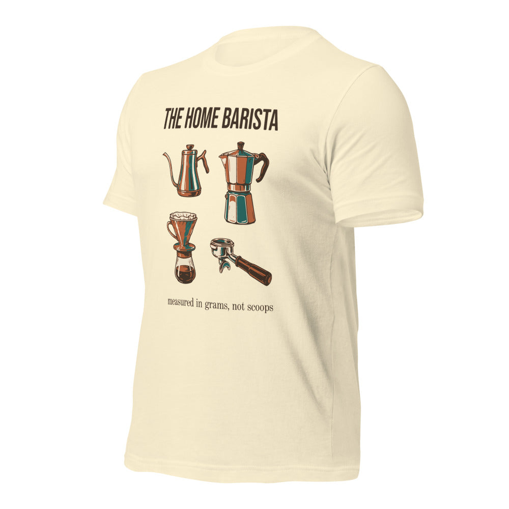 The Home Barista specialty coffee tee — Natural, front-right