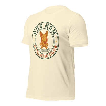 Dog Mom Athletic Club vintage varsity crest tee — Natural, front-right