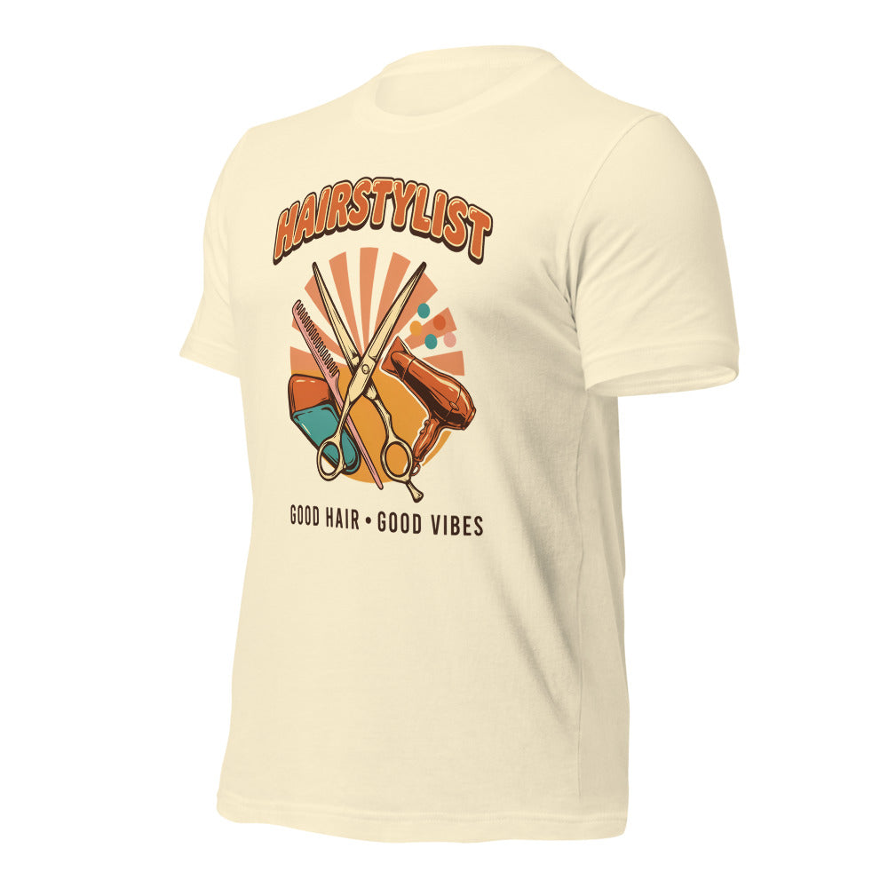 Retro Salon Hairstylist good hair good vibes tee — Natural, front-right