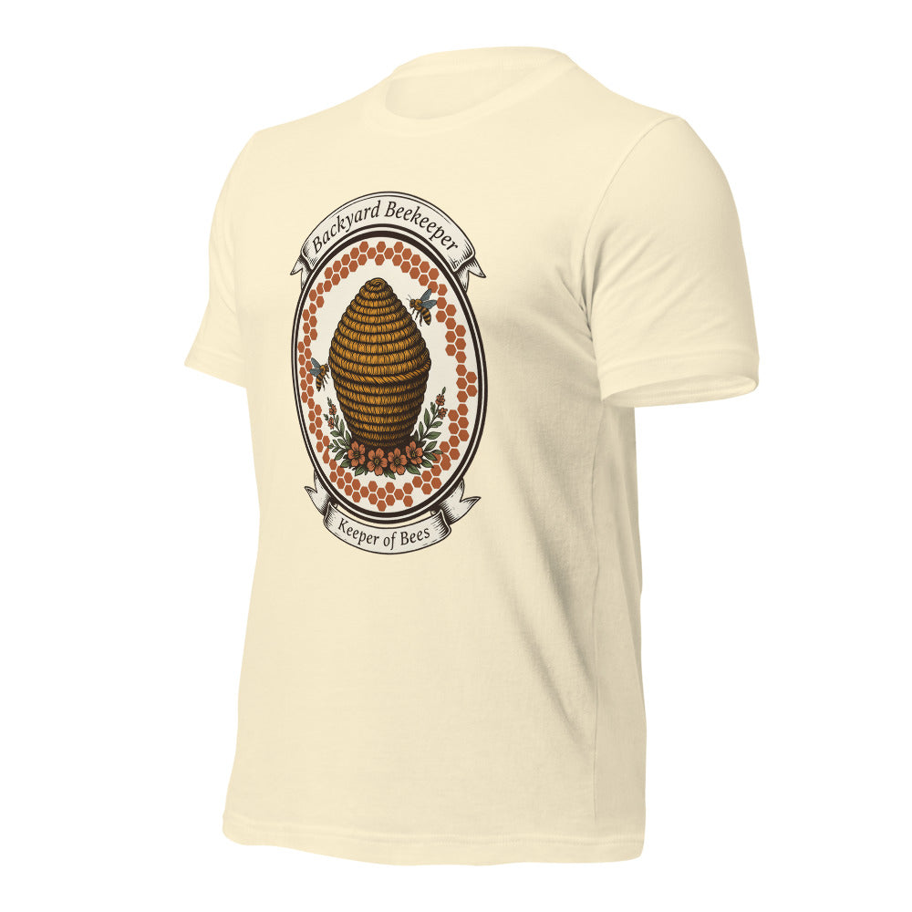 Backyard Beekeeper Keeper of Bees vintage apiary crest tee — Natural, front-right
