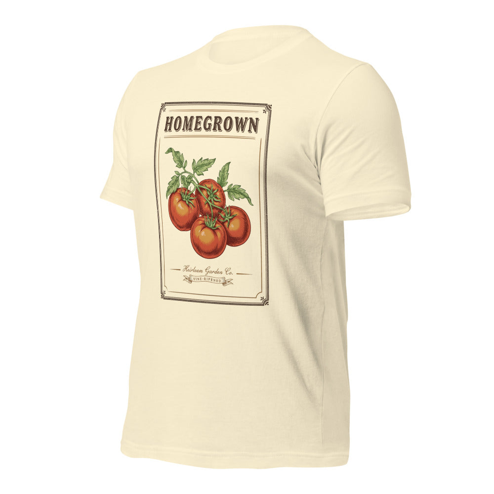 Homegrown Heirloom Seed Packet gardening tee — Natural, front-right