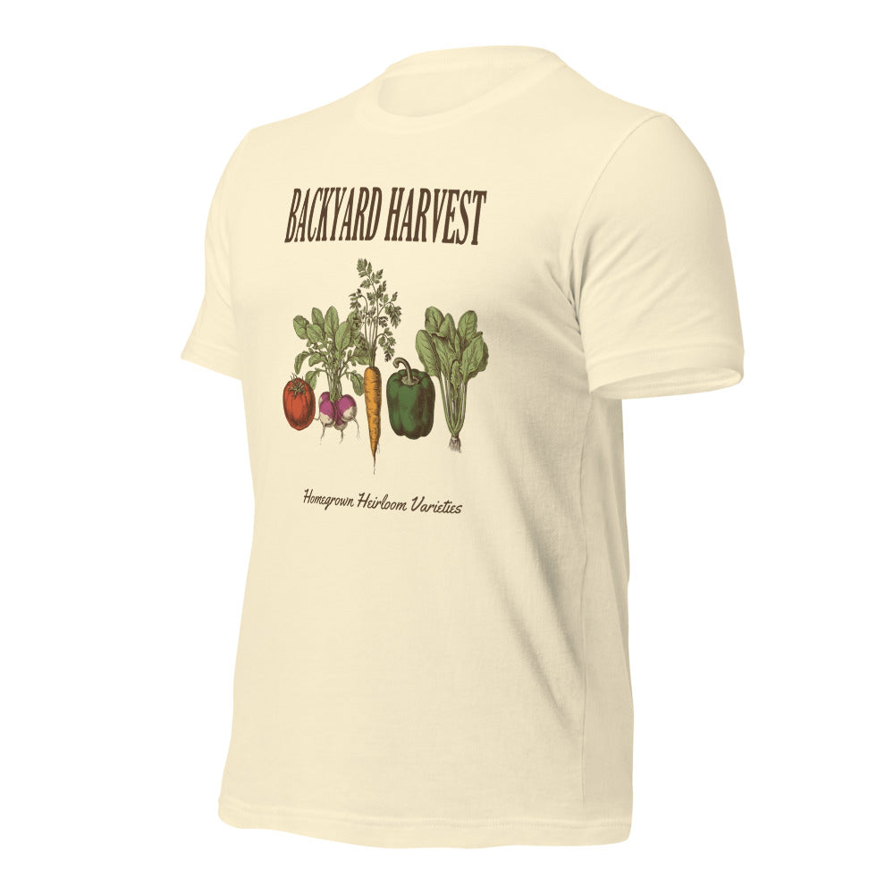 Backyard Harvest heirloom vegetable gardening tee — Natural, front-right