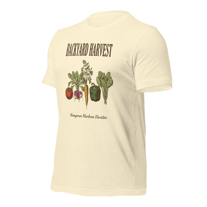 Backyard Harvest heirloom vegetable gardening tee — Natural, front-right