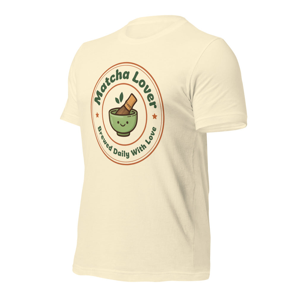 Matcha Lover retro café badge tee — Natural, front-right