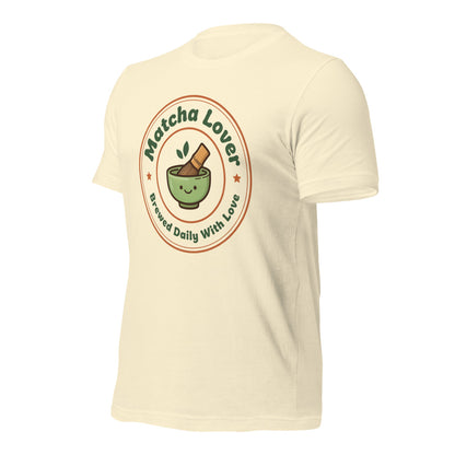 Matcha Lover retro café badge tee — Natural, front-right