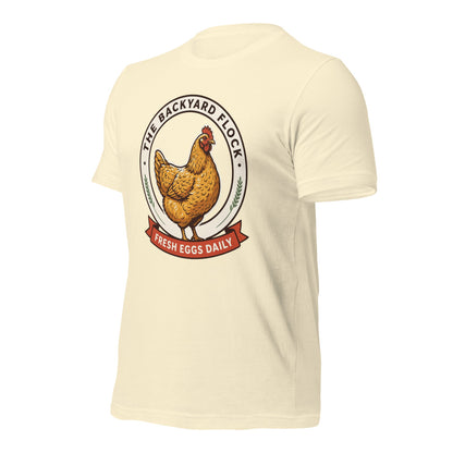 Backyard Flock heritage chicken keeper tee — Natural, front-right