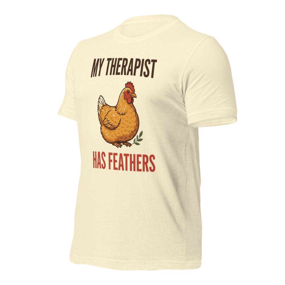 My Therapist Has Feathers funny chicken keeper tee — Natural, front-right