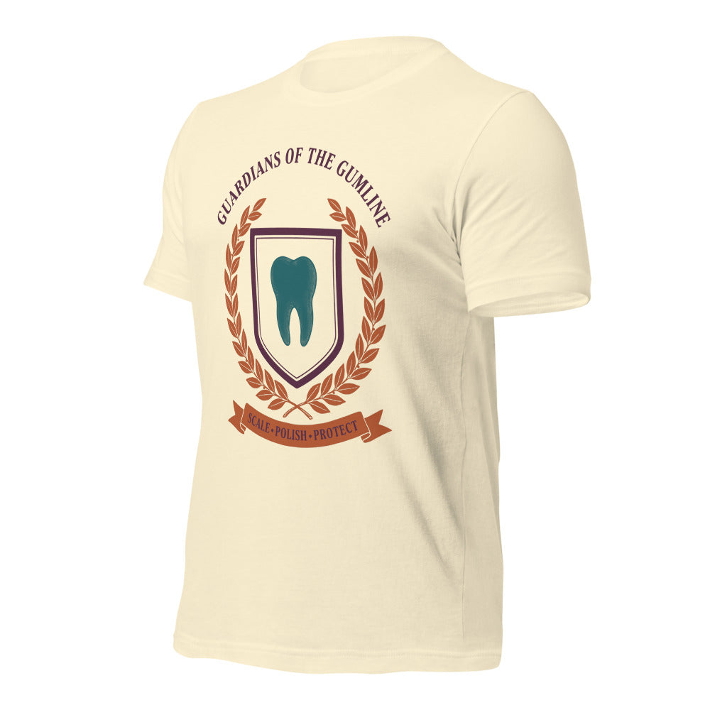 Guardians of the Gumline dental hygienist tee — Natural, front-right
