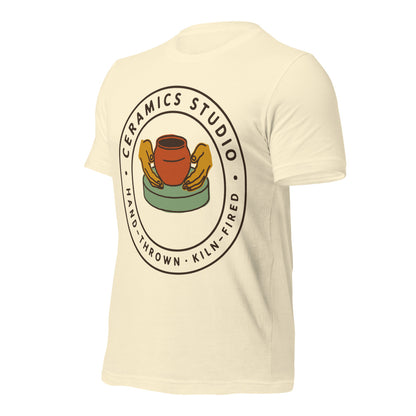Ceramics Studio Badge hand-thrown pottery t-shirt — Natural, front-right