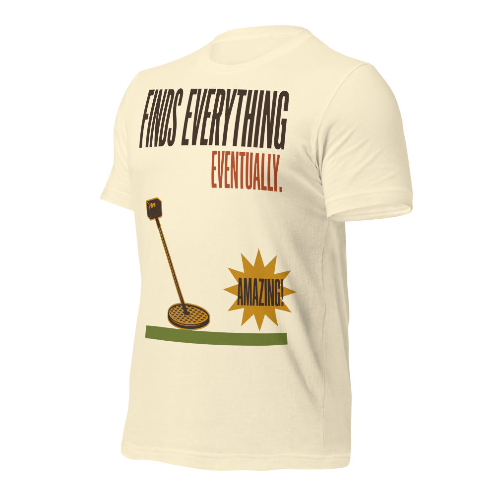 Finds Everything Eventually retro metal detecting tee — Natural, front-right