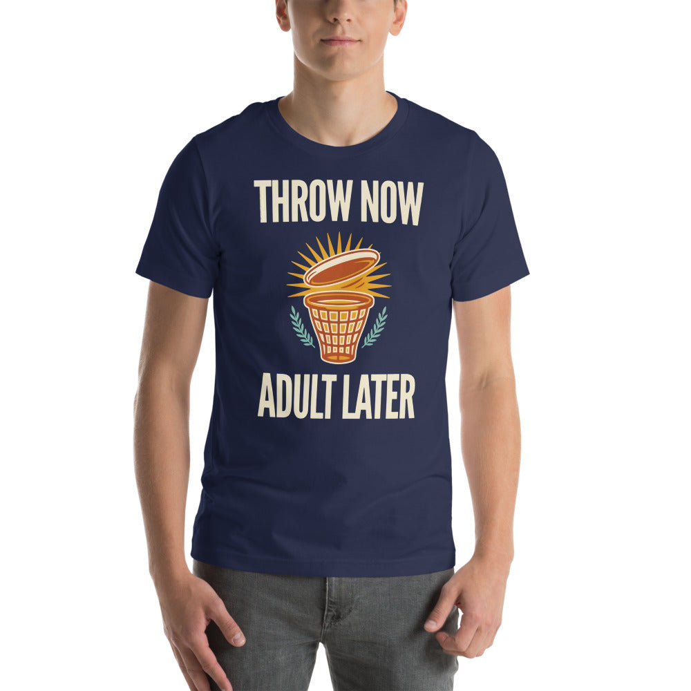 Throw Now Adult Later disc golf retro tee on model — Navy