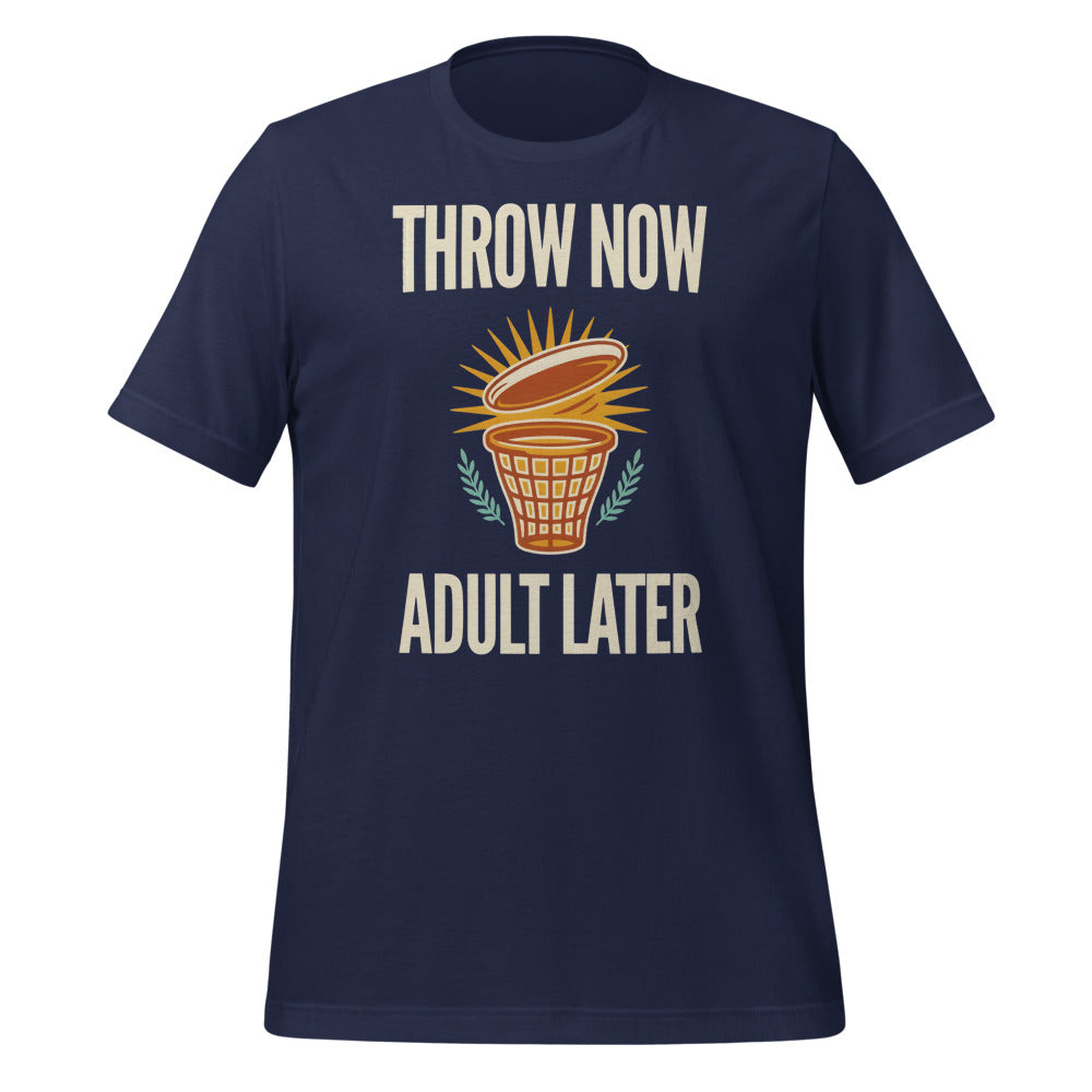 Funny disc golf shirt, Throw Now Adult Later disc golf retro tee — Navy, front