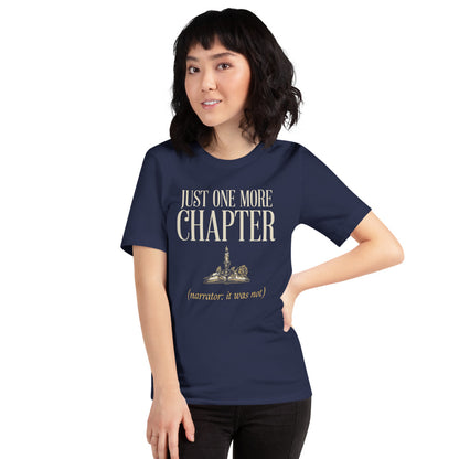 Just One More Chapter book lover dark academia tee — Navy, on model