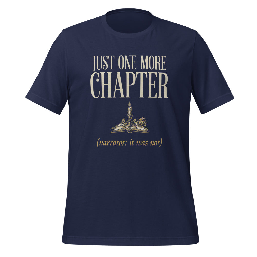 Just One More Chapter book lover dark academia tee — Navy, front