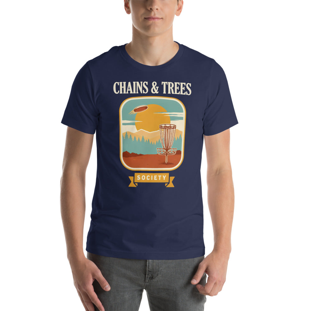 Chains & Trees Society disc golf retro landscape tee — Navy, model