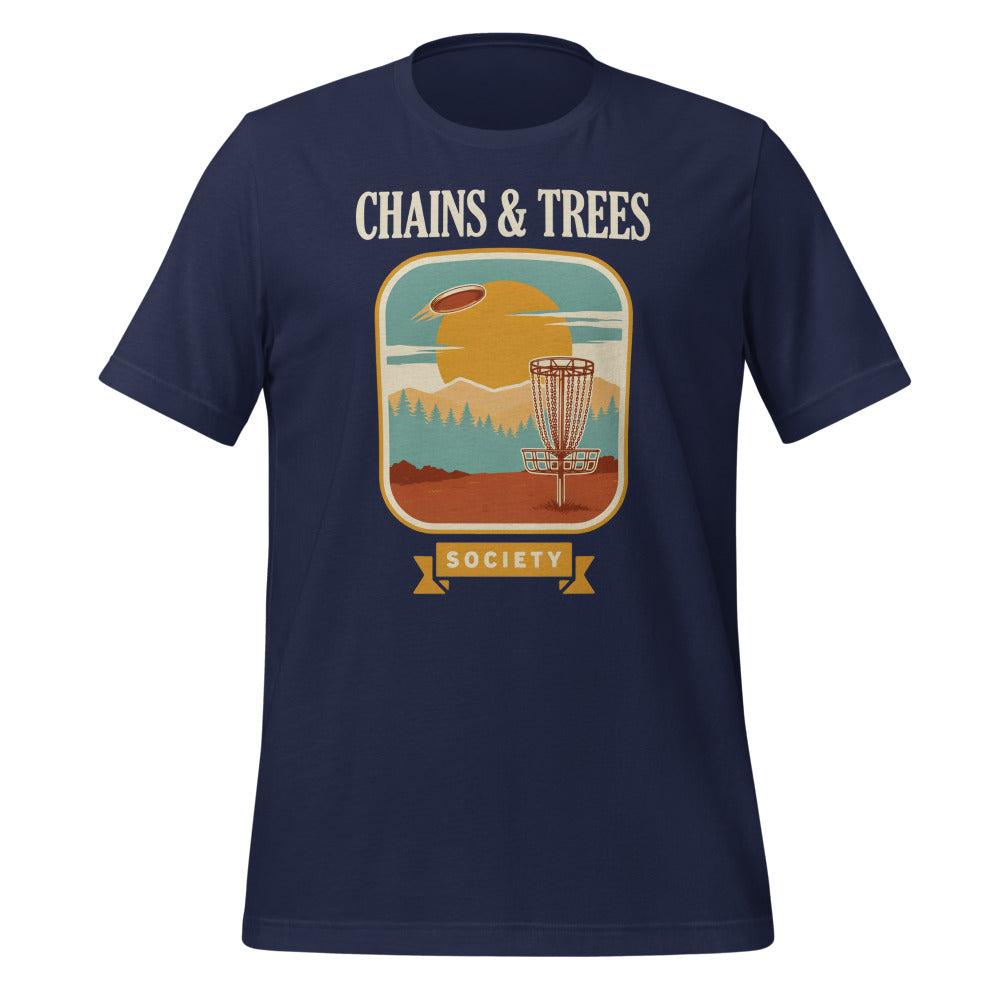 Chains & Trees Society disc golf retro landscape tee — Navy, front