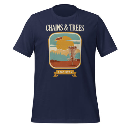 Chains & Trees Society disc golf retro landscape tee — Navy, front