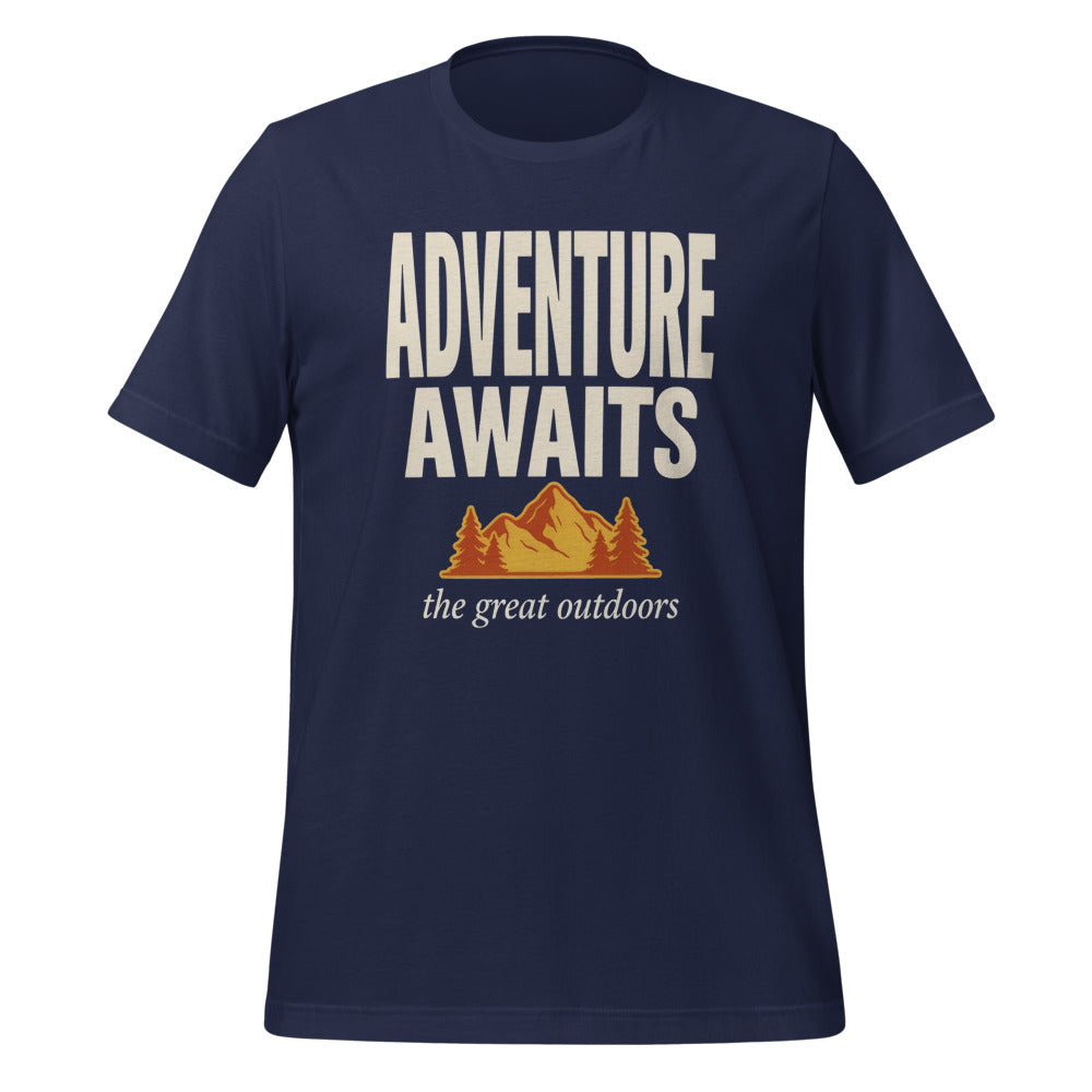 Adventure Awaits retro outdoors typography tee — Navy, front