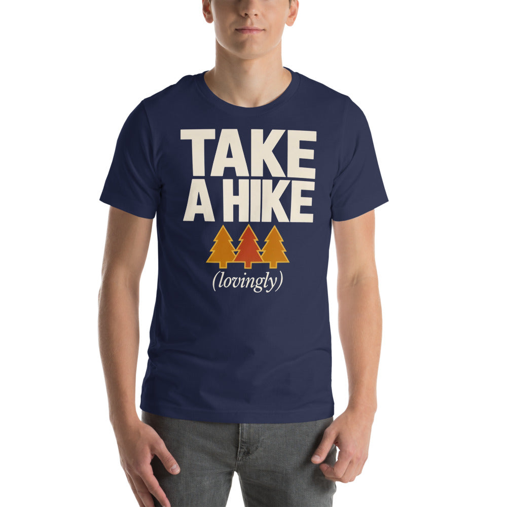 Take a Hike retro outdoors humor typography tee — Navy, on model