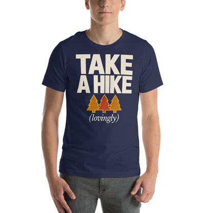 Take a Hike retro outdoors humor typography tee — Navy, on model