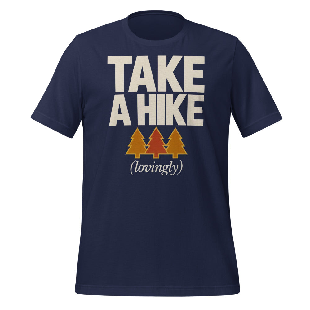 Take a Hike retro outdoors humor typography tee — Navy, front
