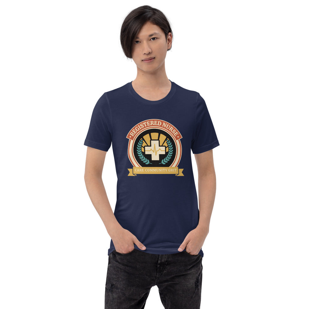 Registered Nurse vintage healthcare emblem badge tee — Navy, on model