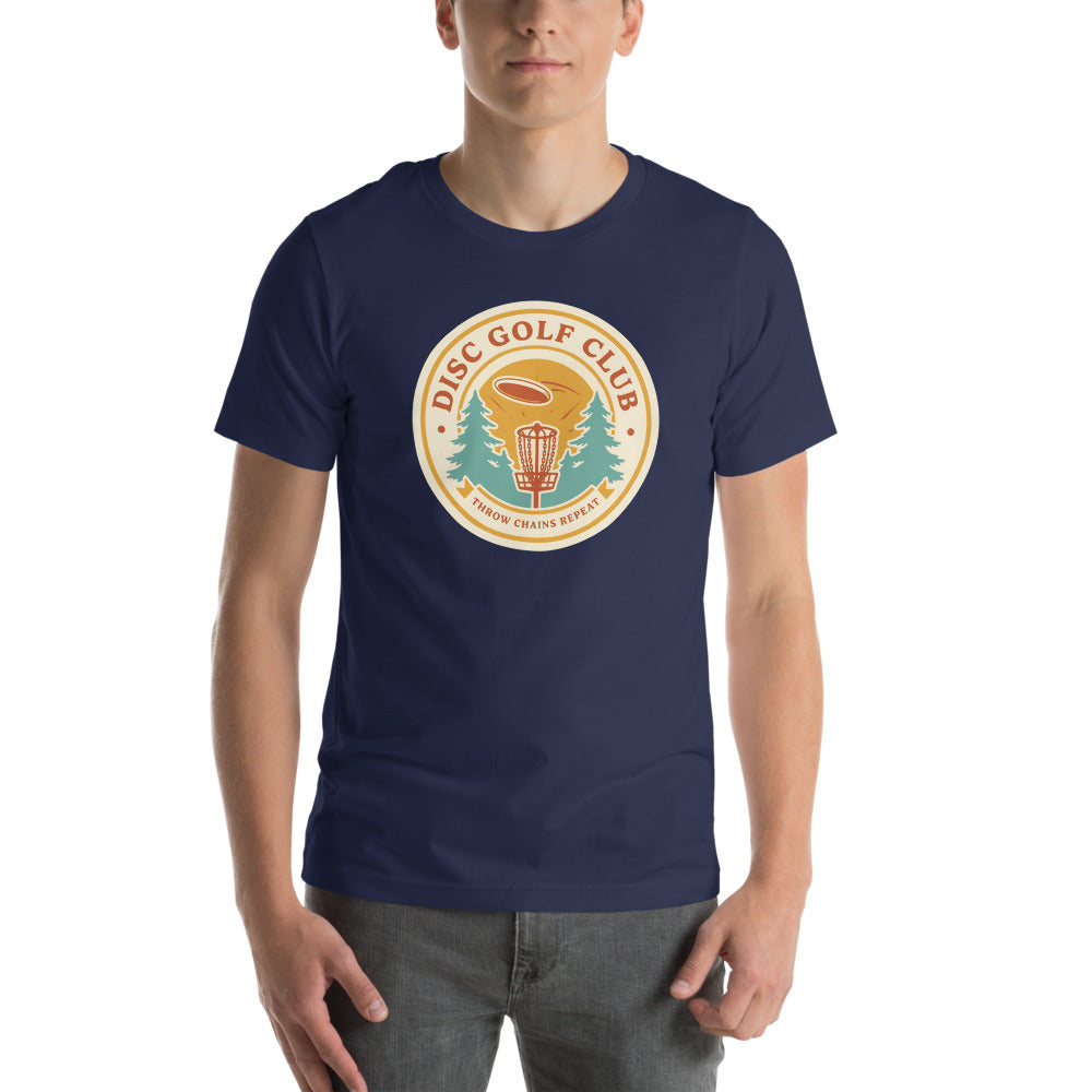 Disc Golf Club retro badge tee — Navy, on model
