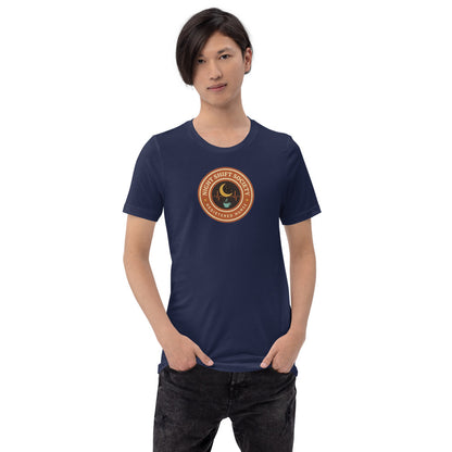 Night Shift Society retro registered nurse badge tee — Navy, on model