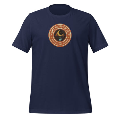 Night Shift Society retro registered nurse badge tee — Navy, front