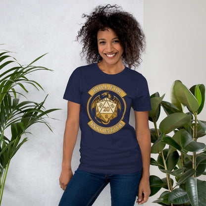 Roll For Initiative d20 dragon tabletop RPG tee — Navy, on model
