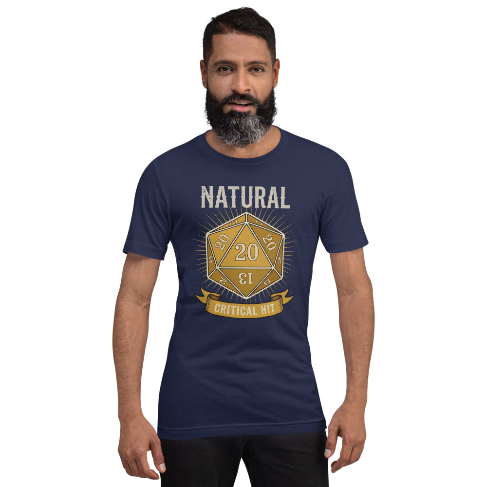 Natural 20 critical hit d20 tabletop RPG tee — Navy, on model