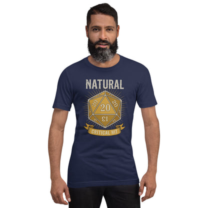 Natural 20 critical hit d20 tabletop RPG tee — Navy, on model